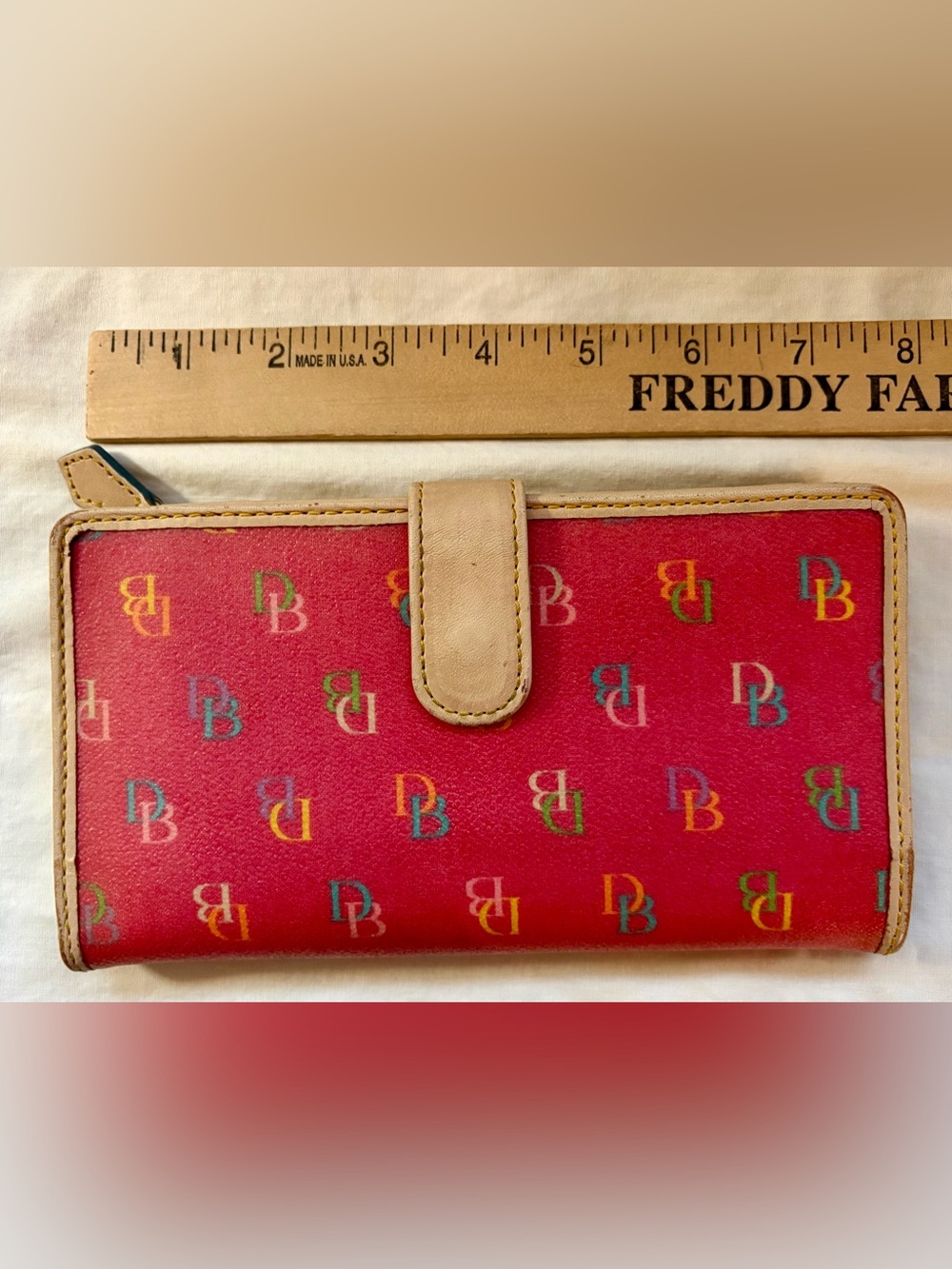 Vintage Dooney & Bourke Y2K large snap front wallet dark pink Rainbow DB logo
